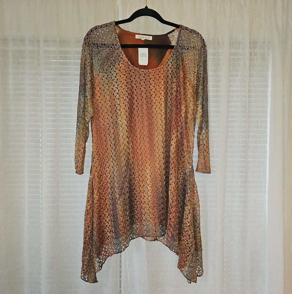 Indigo Soul Metallic Multi-Color Crochet Scoop Neck Tunic Top